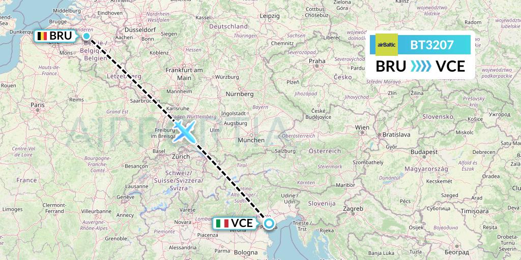 BT3207 Air Baltic Flight Map: Brussels to Venice