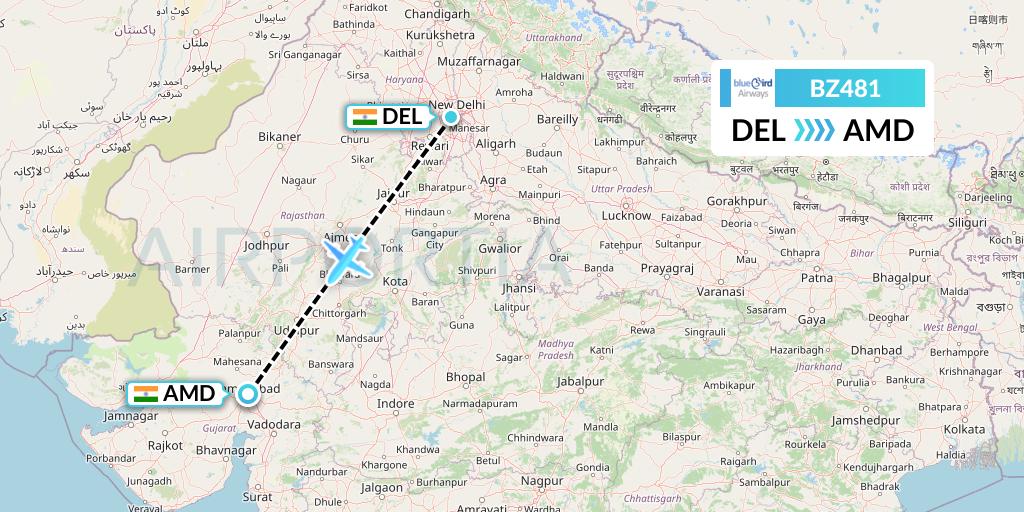BZ481 Bluebird Airways Flight Map: Delhi to Ahmedabad