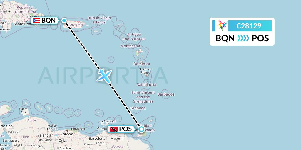 C28129 Ceiba Intercontinental Flight Map: Aguadilla to Port of Spain
