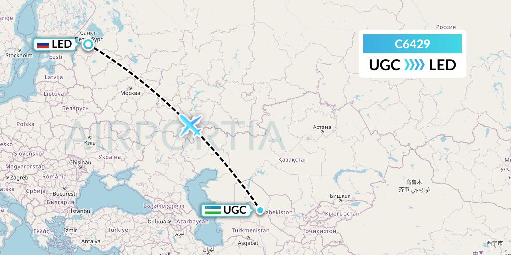 C6429 Capitol Air Express Flight Map: Urgench to St. Petersburg