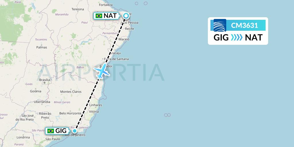 CM3631 Copa Airlines Flight Map: Rio de Janeiro to Natal
