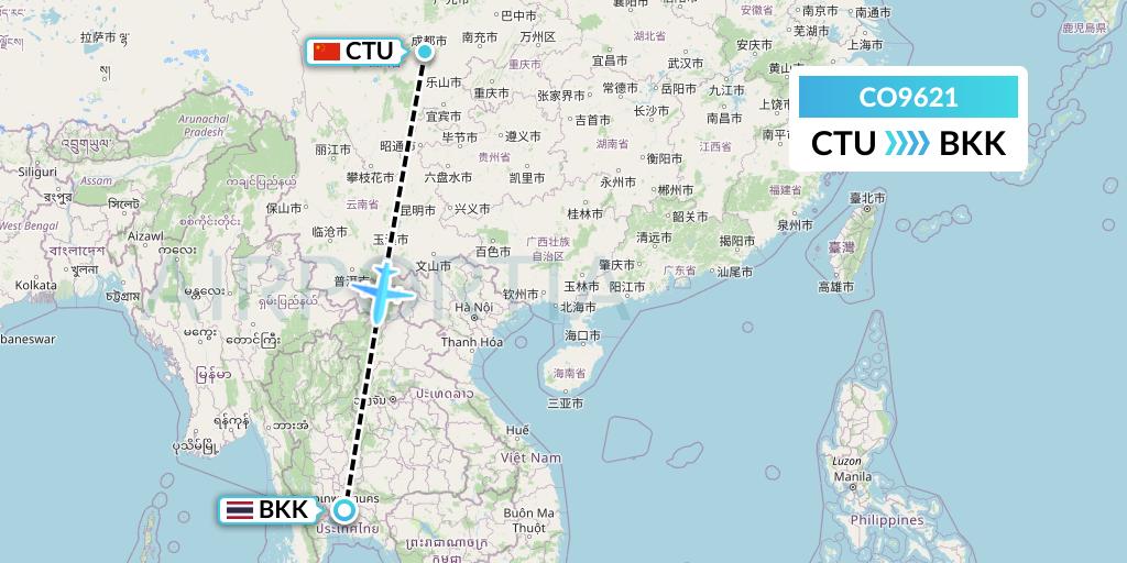 CO9621 North-Western Cargo International Airlines Flight Map: Chengdu to Bangkok