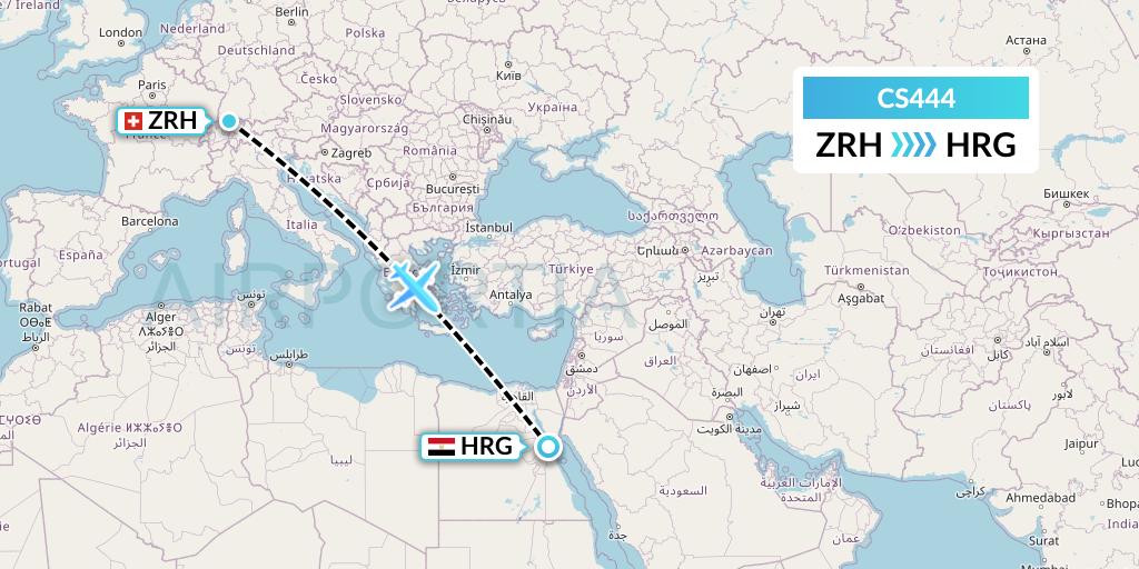 CS444 Continental Micronesia Flight Map: Zurich to Hurghada