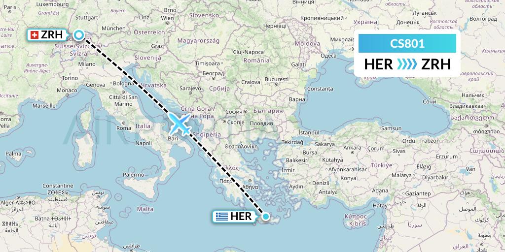 CS801 Continental Micronesia Flight Map: Heraklion to Zurich
