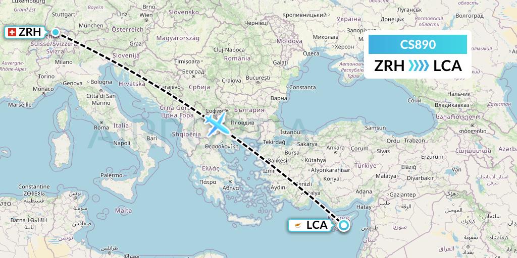 CS890 Continental Micronesia Flight Map: Zurich to Larnaca
