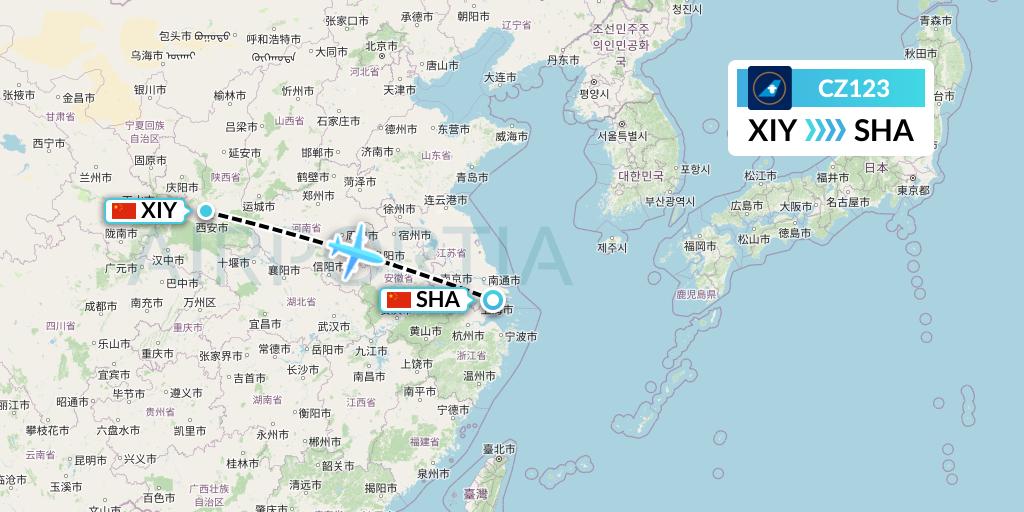 CZ123 China Southern Airlines Flight Map: Xi'an to Shanghai