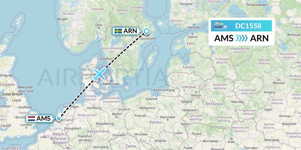 DC1558 Braathens Regional Flight Map: Amsterdam to Stockholm