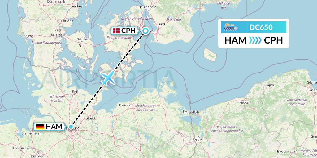 DC650 Braathens Regional Flight Map: Hamburg to Copenhagen