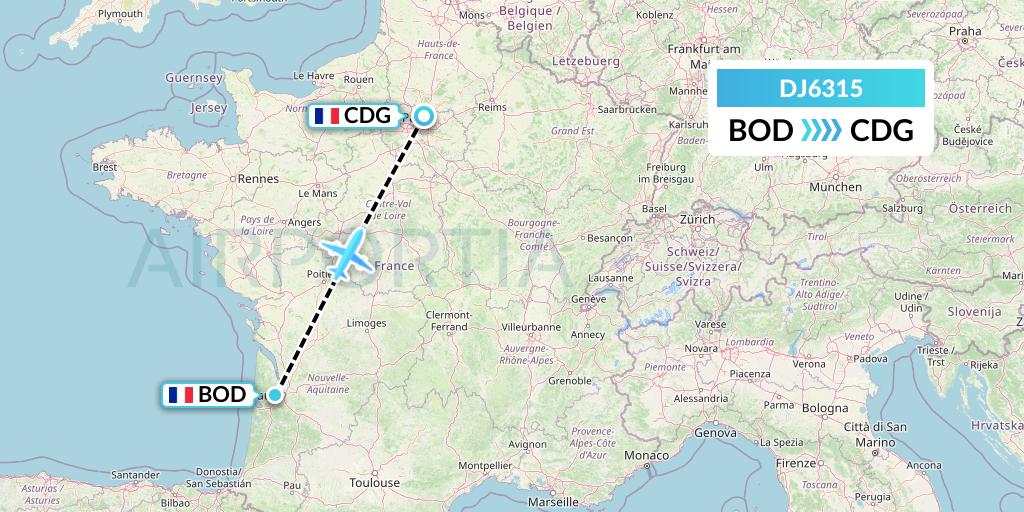 DJ6315 Air Djibouti Flight Map: Bordeaux to Paris