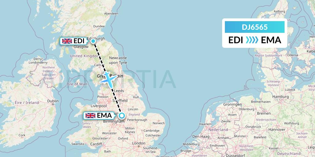 DJ6565 Air Djibouti Flight Map: Edinburgh to East Midlands