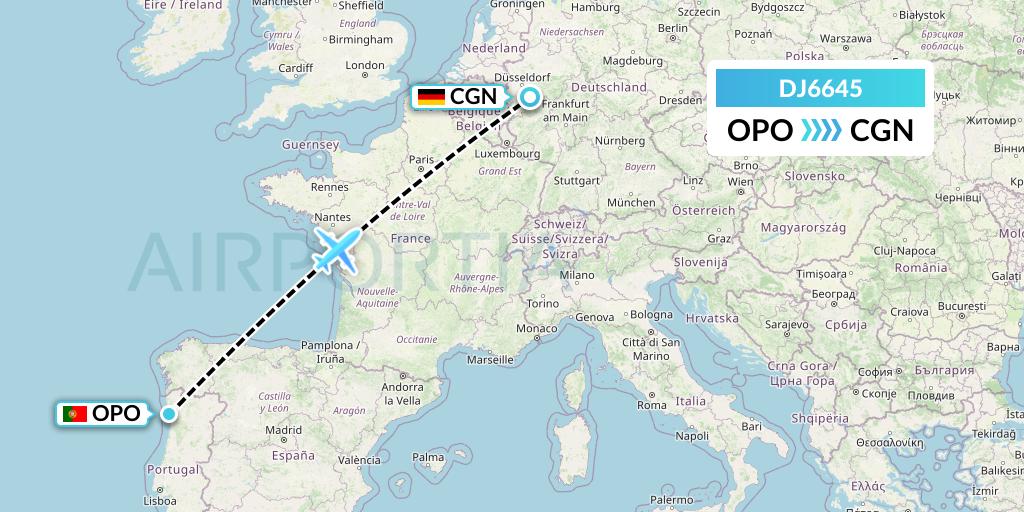 DJ6645 Air Djibouti Flight Map: Porto to Cologne