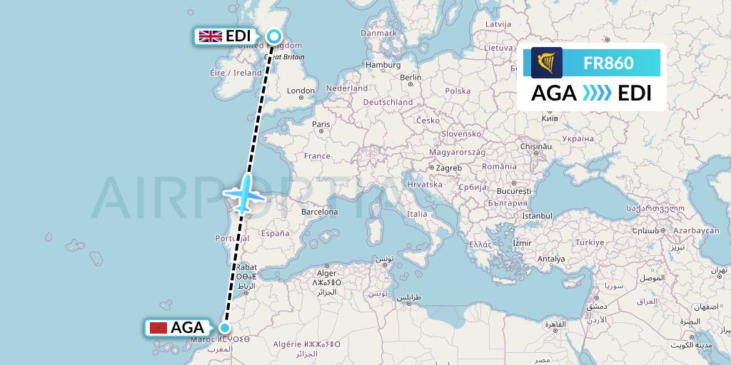 FR860 Ryanair Flight Map: Agadir to Edinburgh