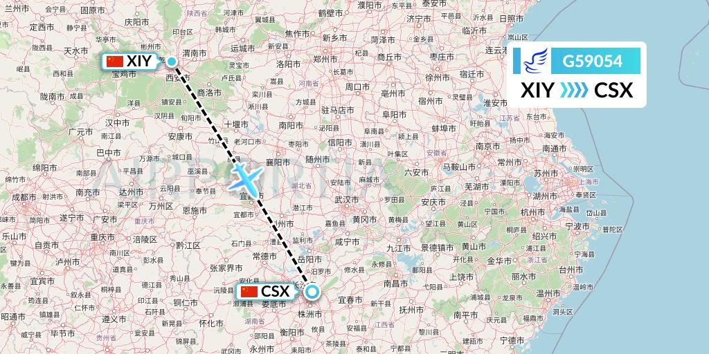 G59054 China Express Airlines Flight Map: Xi'an to Changsha