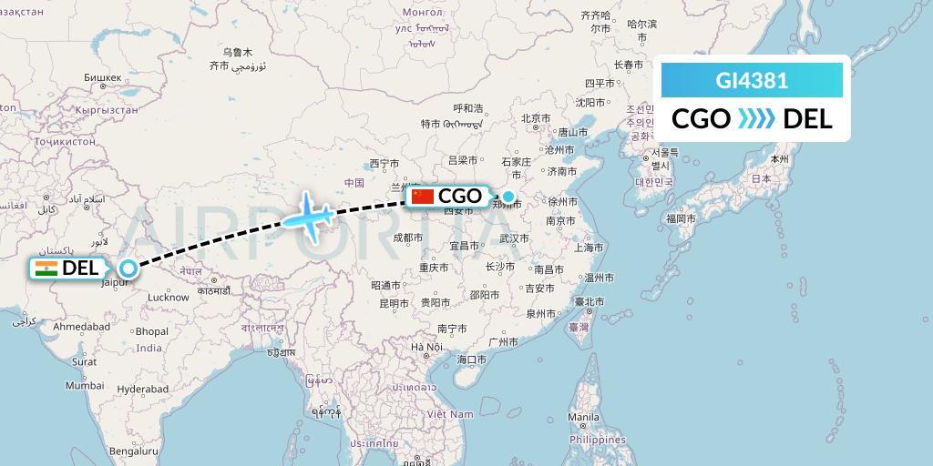 GI4381 Germania Express Flight Map: Zhengzhou to Delhi