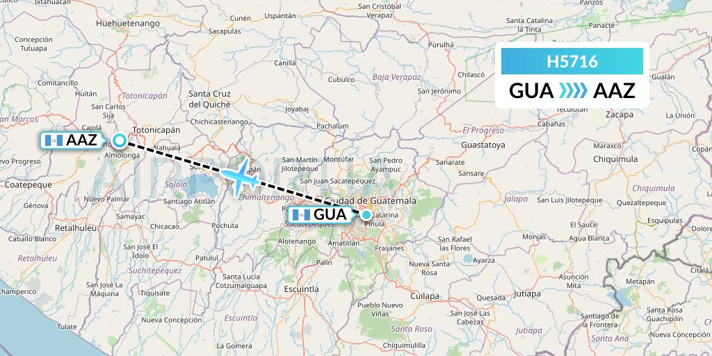 H5716 MAVIAL - Magadan Airlines Flight Map: Guatemala City to Quezaltenango