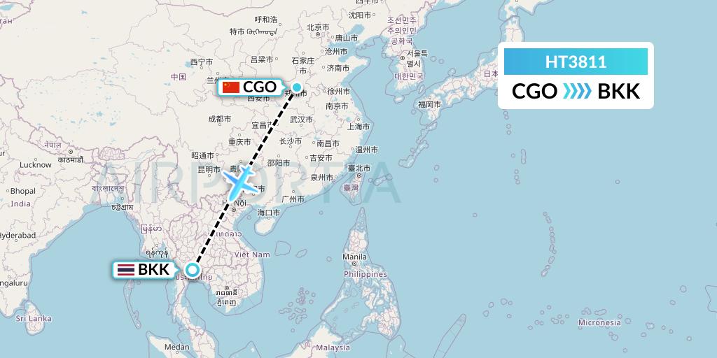 HT3811 Ningxia Cargo Airlines CO.,LTD Flight Map: Zhengzhou to Bangkok