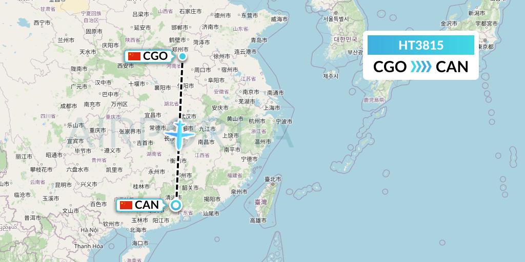 HT3815 Ningxia Cargo Airlines CO.,LTD Flight Map: Zhengzhou to Guangzhou