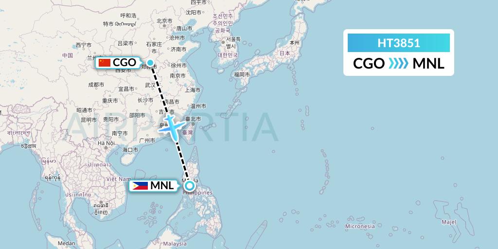 HT3851 Ningxia Cargo Airlines CO.,LTD Flight Map: Zhengzhou to Manila