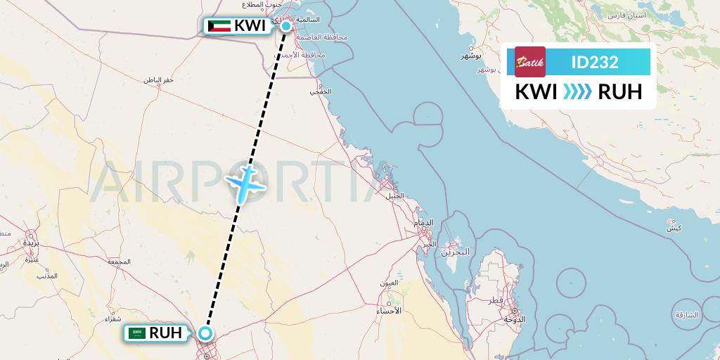 ID232 Batik Air Flight Map: Kuwait City to Riyadh