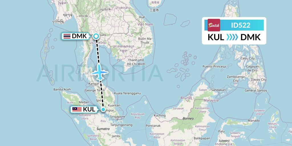 ID522 Batik Air Flight Map: Kuala Lumpur to Bangkok