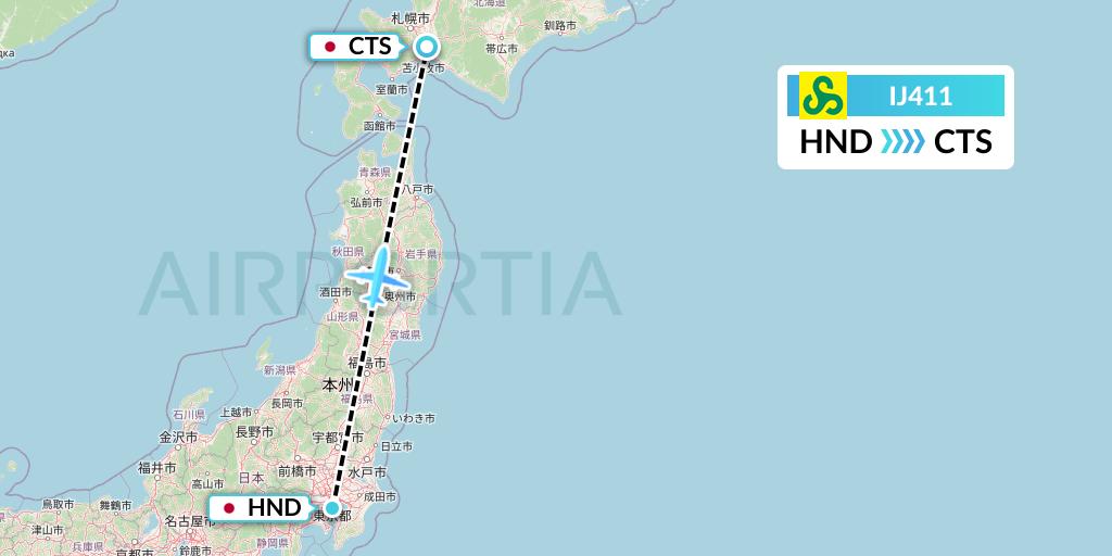 IJ411 Spring Airlines Japan Flight Map: Tokyo to Sapporo