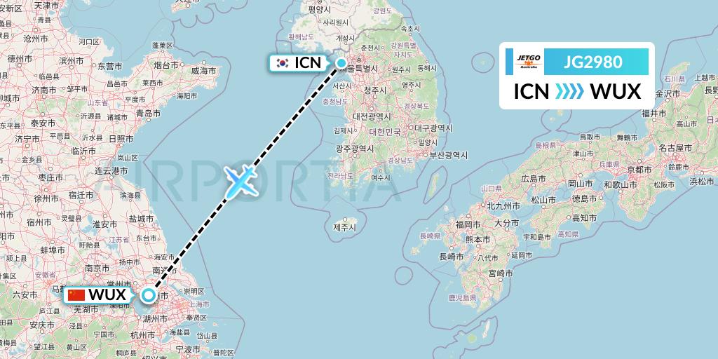 JG2980 JetGo Australia Flight Map: Seoul to Wuxi