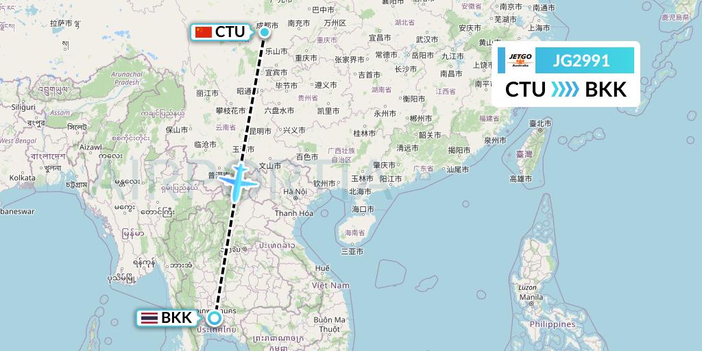 JG2991 JetGo Australia Flight Map: Chengdu to Bangkok