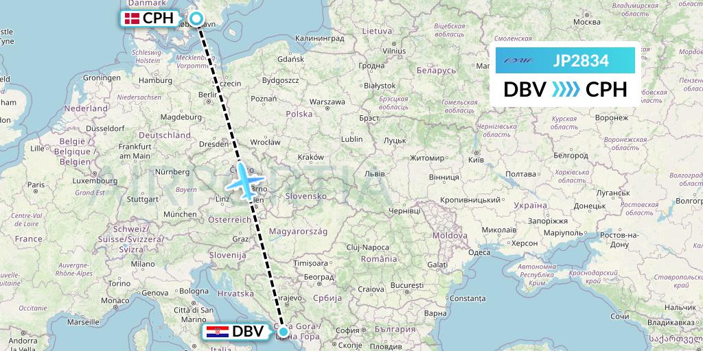 JP2834 Adria Airways Flight Map: Dubrovnik to Copenhagen