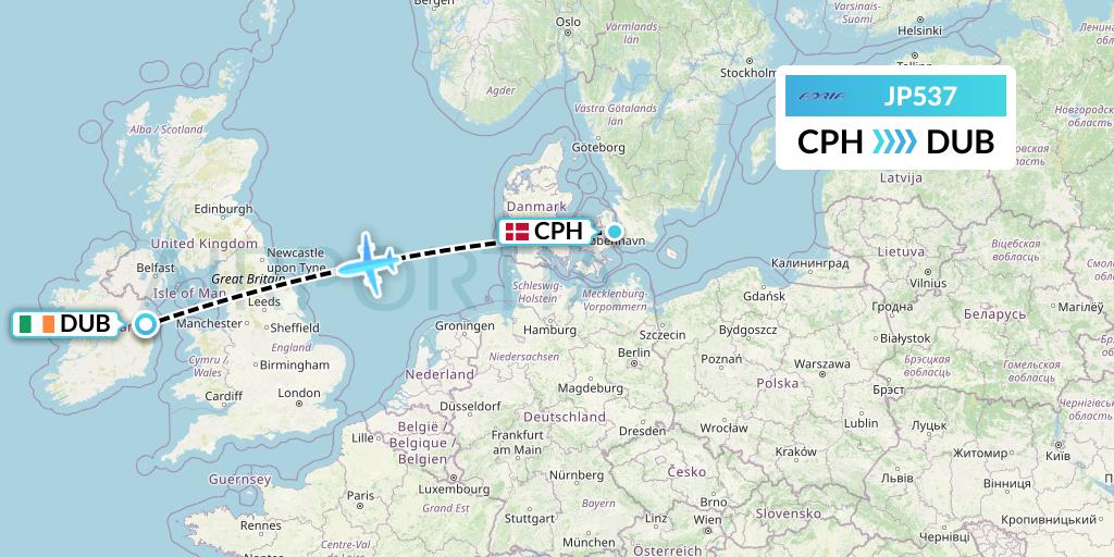JP537 Adria Airways Flight Map: Copenhagen to Dublin
