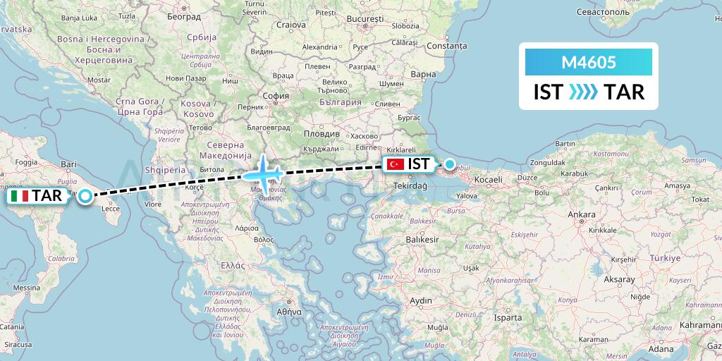 M4605 Mistral Air Flight Map: Istanbul to Taranto