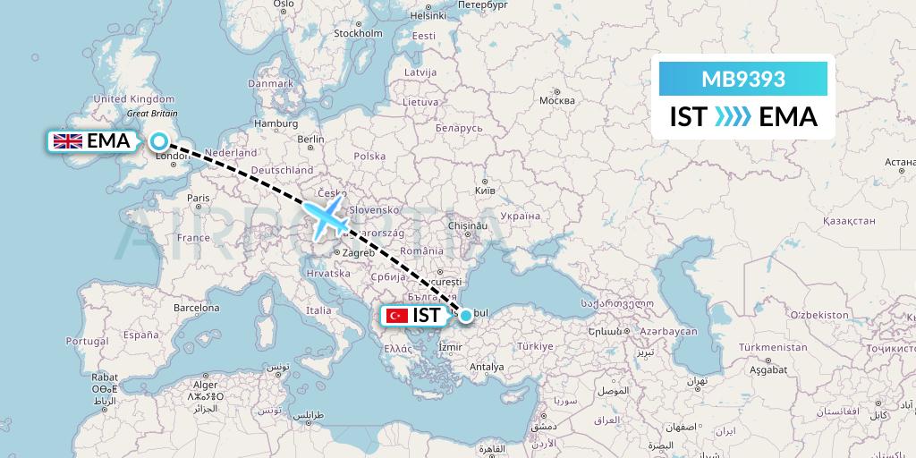 MB9393 MNG Airlines Flight Map: Istanbul to East Midlands