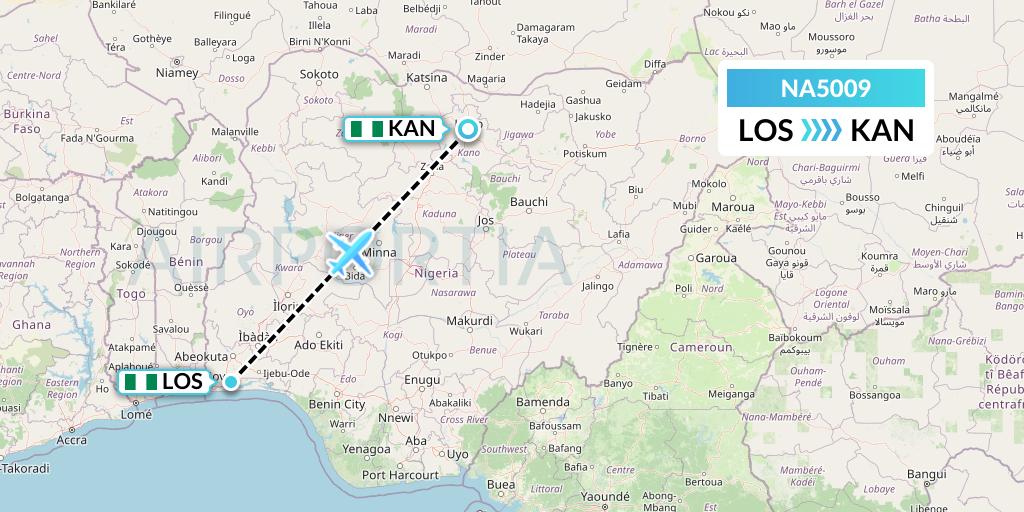 NA5009 North American Airlines Flight Map: Lagos to Kano