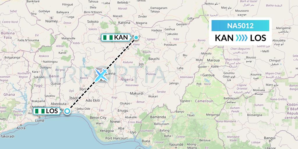 NA5012 North American Airlines Flight Map: Kano to Lagos