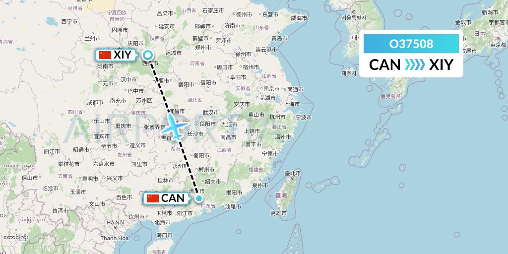 O37508 SF Airlines Flight Map: Guangzhou to Xi'an