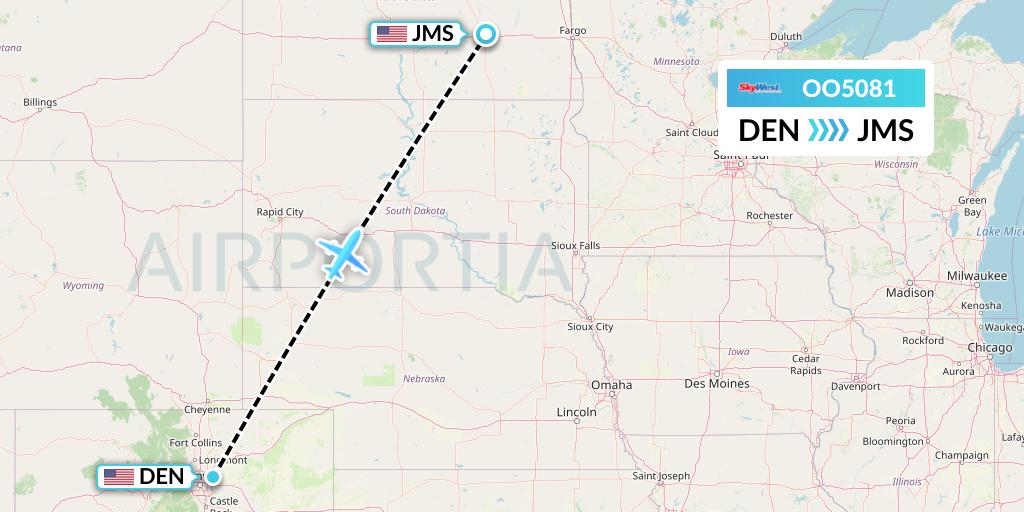 OO5081 SkyWest Airlines Flight Map: Denver to Jamestown