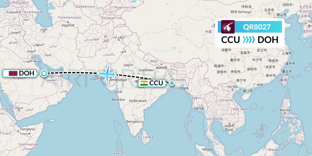 QR8027 Qatar Airways Flight Map: Kolkata to Doha