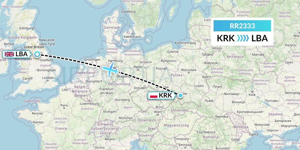 RR2333 Royal Air Force Flight Map: Krakow to Leeds