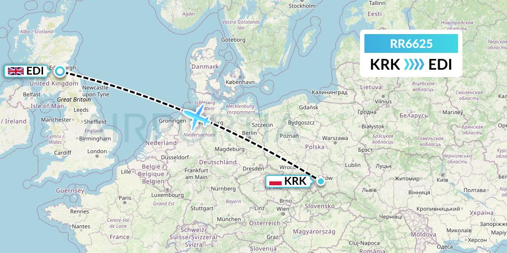 RR6625 Royal Air Force Flight Map: Krakow to Edinburgh