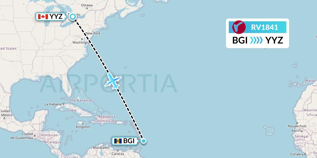 RV1841 Air Canada Rouge Flight Map: Bridgetown to Toronto