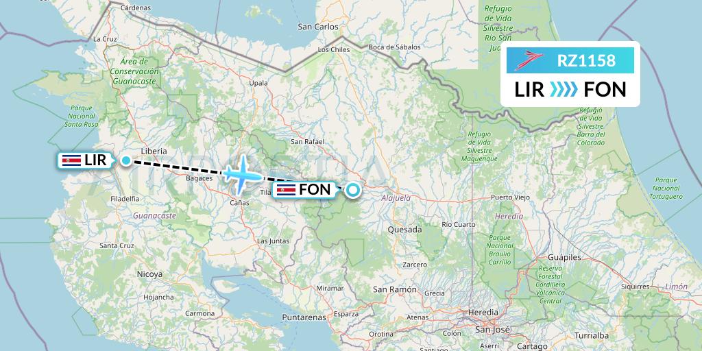 RZ1158 Sansa Airlines Flight Map: Liberia to La Fortuna-San Carlos