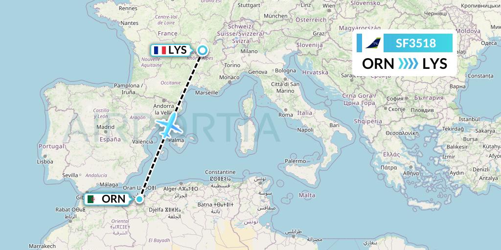 SF3518 Tassili Airlines Flight Map: Oran to Lyon