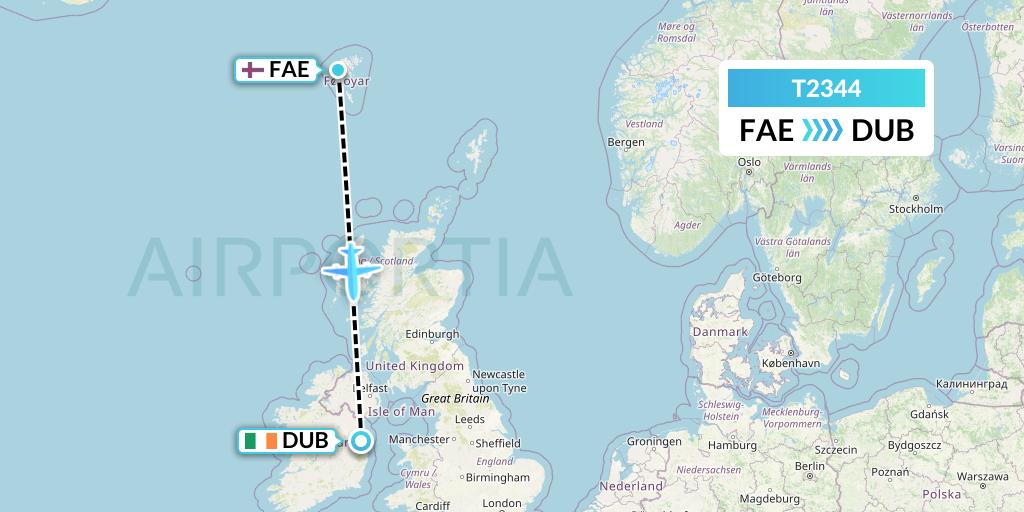 T2344 Tair Airways Flight Map: Vagar to Dublin