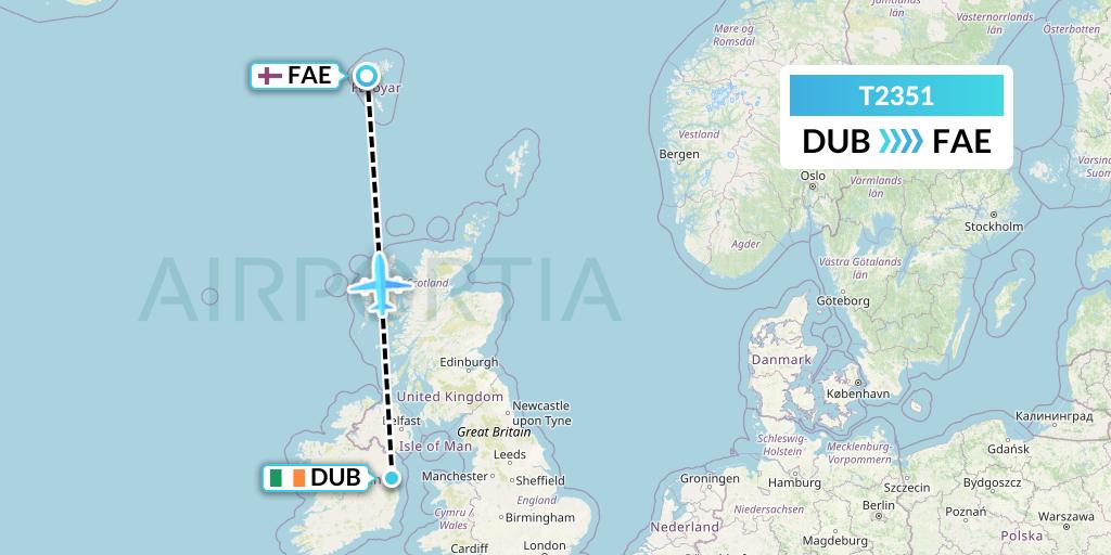 T2351 Tair Airways Flight Map: Dublin to Vagar