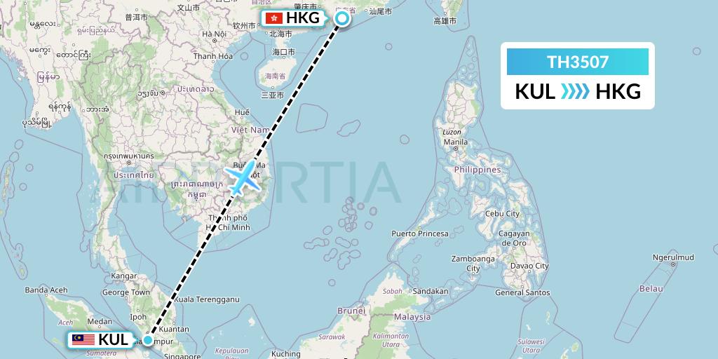 TH3507 Raya Airways Sdn. Bhd. dba Raya Airways Flight Map: Kuala Lumpur to Hong Kong