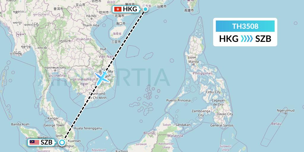 TH3508 Raya Airways Sdn. Bhd. dba Raya Airways Flight Map: Hong Kong to Kuala Lumpur
