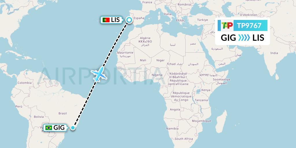 TP9767 TAP Portugal Flight Map: Rio de Janeiro to Lisbon