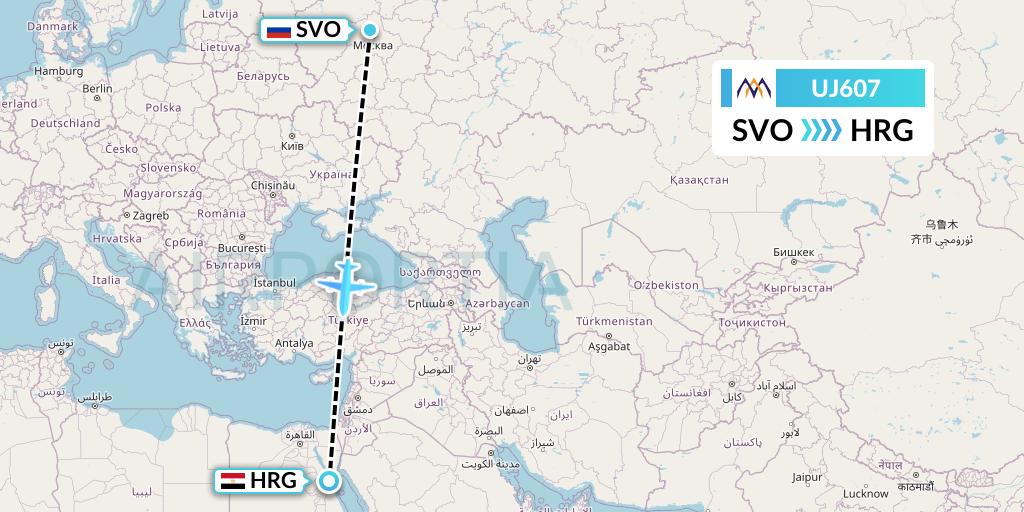 UJ607 AlMasria Universal Airlines Flight Map: Moscow to Hurghada