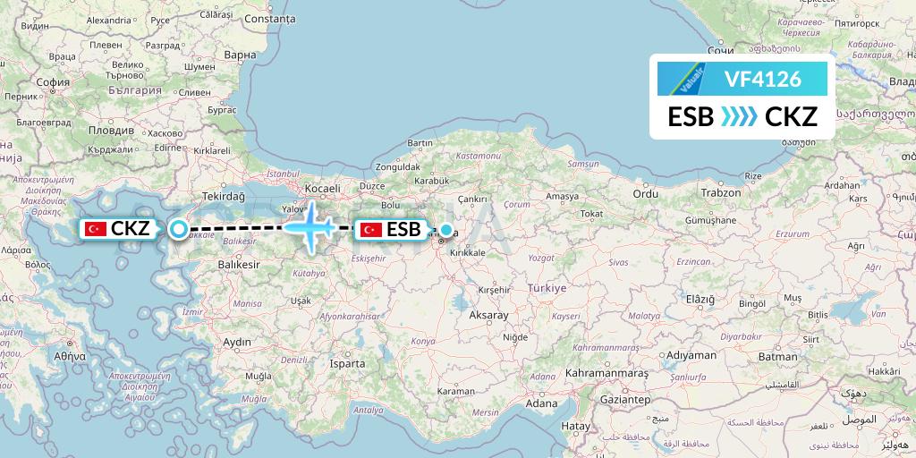 VF4126 ValuAir Flight Map: Ankara to Canakkale