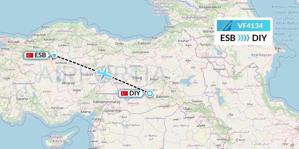VF4134 ValuAir Flight Map: Ankara to Diyarbakir