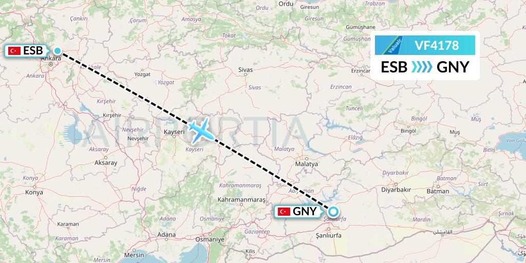 VF4178 ValuAir Flight Map: Ankara to Sanliurfa